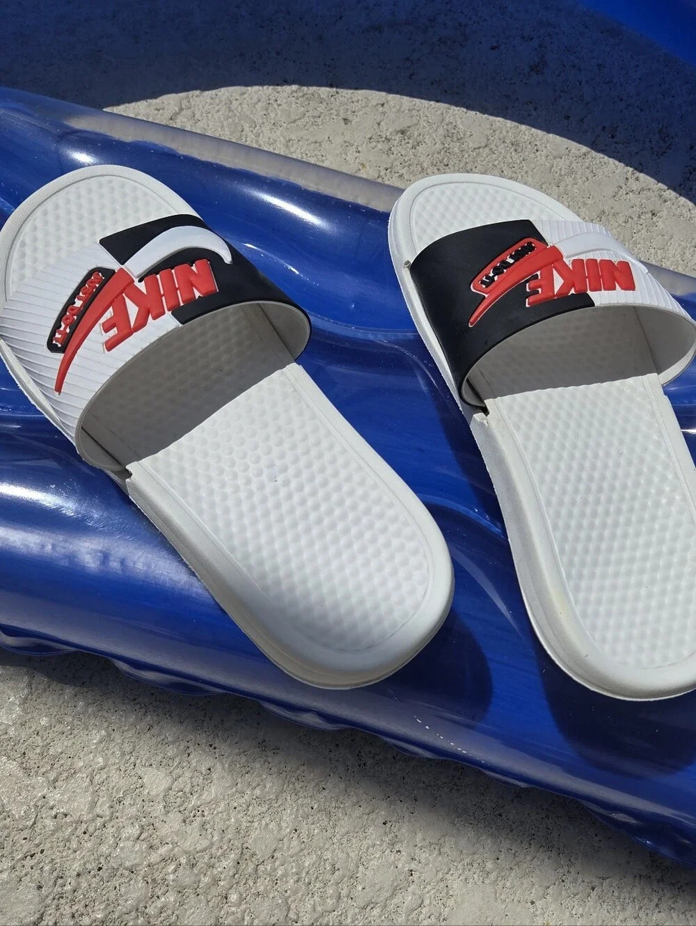 Nike Benassi JDI White and Black Slides with Red Logo Accent